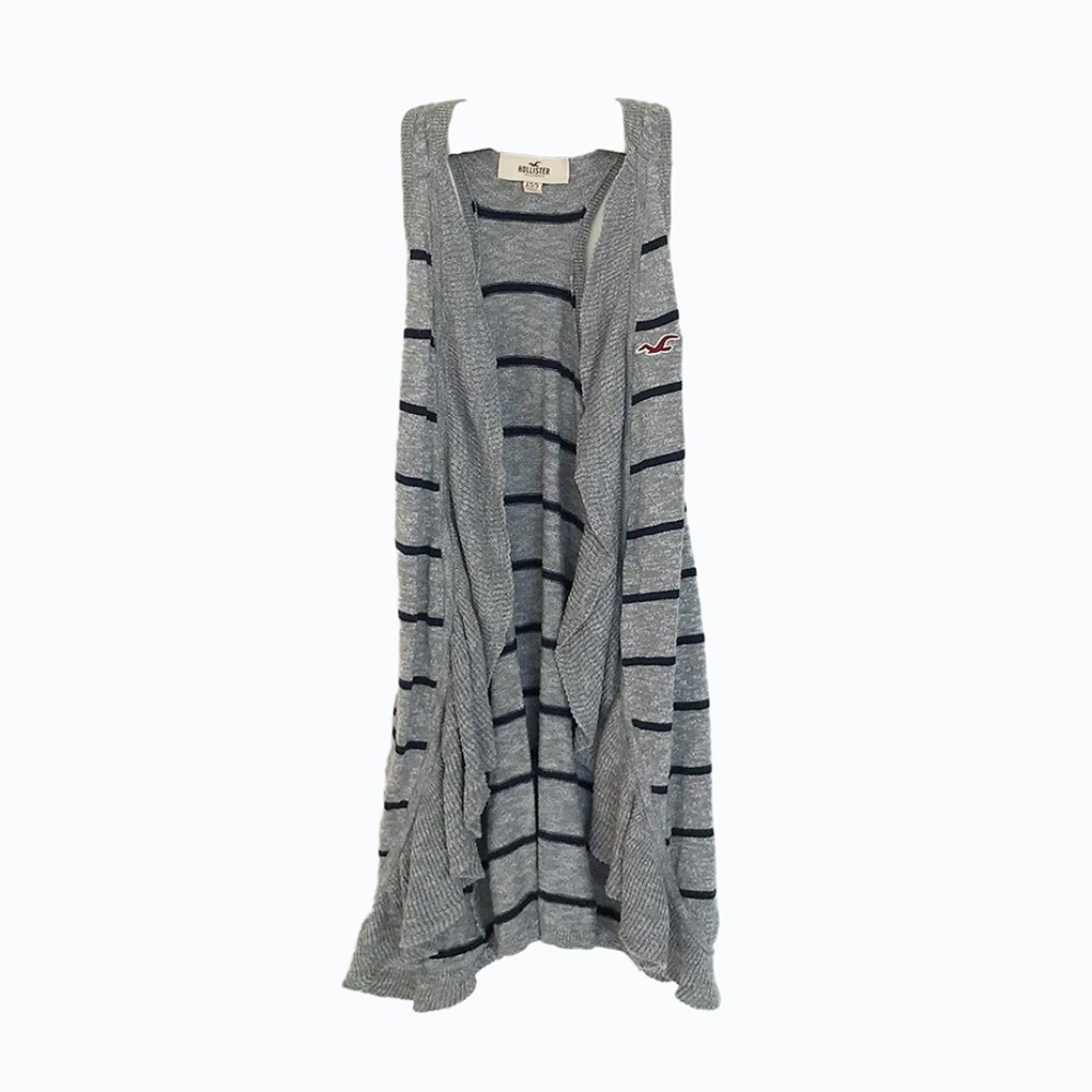 VINTAGE Y2K HOLLISTER STRIPE RUFFLE KNIT OPEN TANK CARDIGAN LIGHT SWEATER